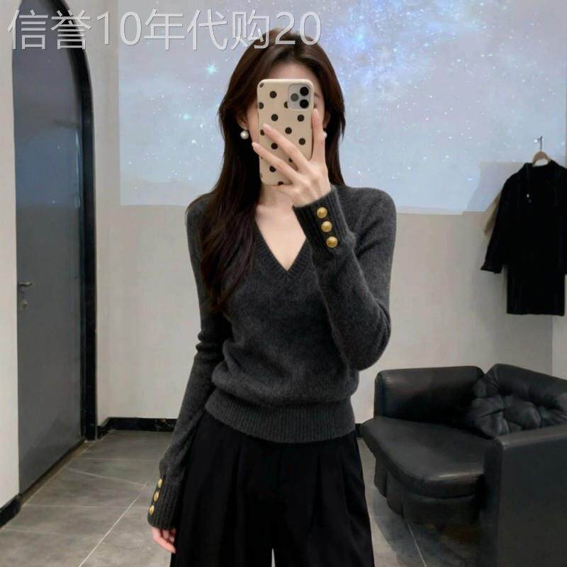 日系高级感灰色v领针织衫女秋冬季绝美毛衣修身内搭打底衫上衣潮