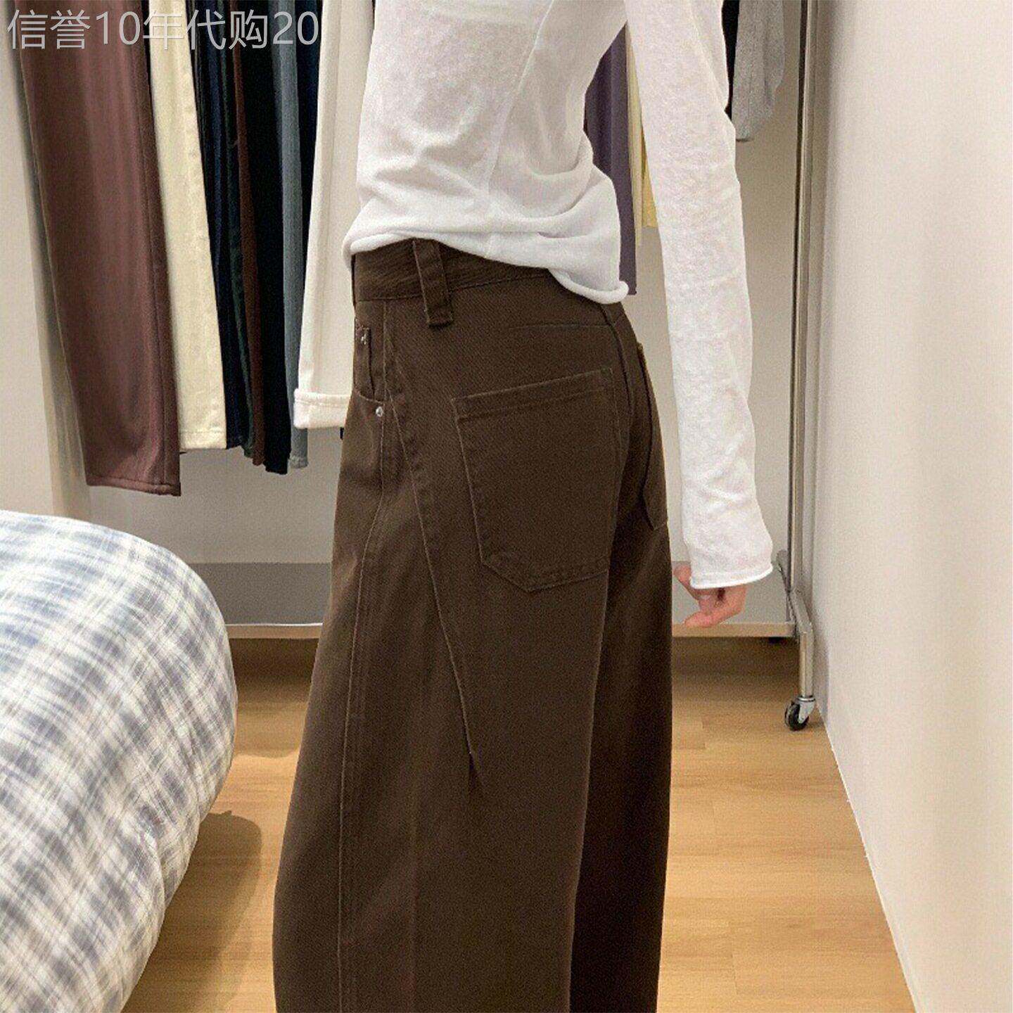 韩国新款咖色阔腿牛仔裤女秋冬加绒梨型身材高腰宽松显瘦弯刀裤子