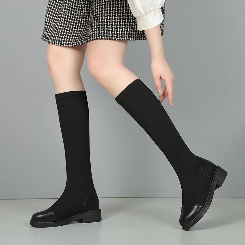 真皮不过膝长筒靴女2025秋冬新款中筒靴显瘦平底弹力布靴高筒袜靴