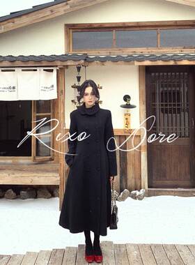 RIXO DORE法式优雅千金中长款黑色大衣气质百搭高级感毛呢外套女