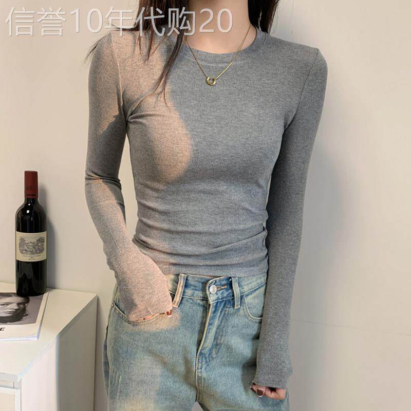 韩国美式灰色正肩小衫长袖t恤女2025年秋季磨毛内搭打底修身百搭