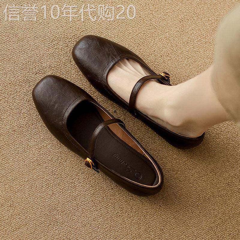 轻奢软羊皮复古玛丽珍鞋女春秋新款浅口单鞋平底一字扣小皮鞋子