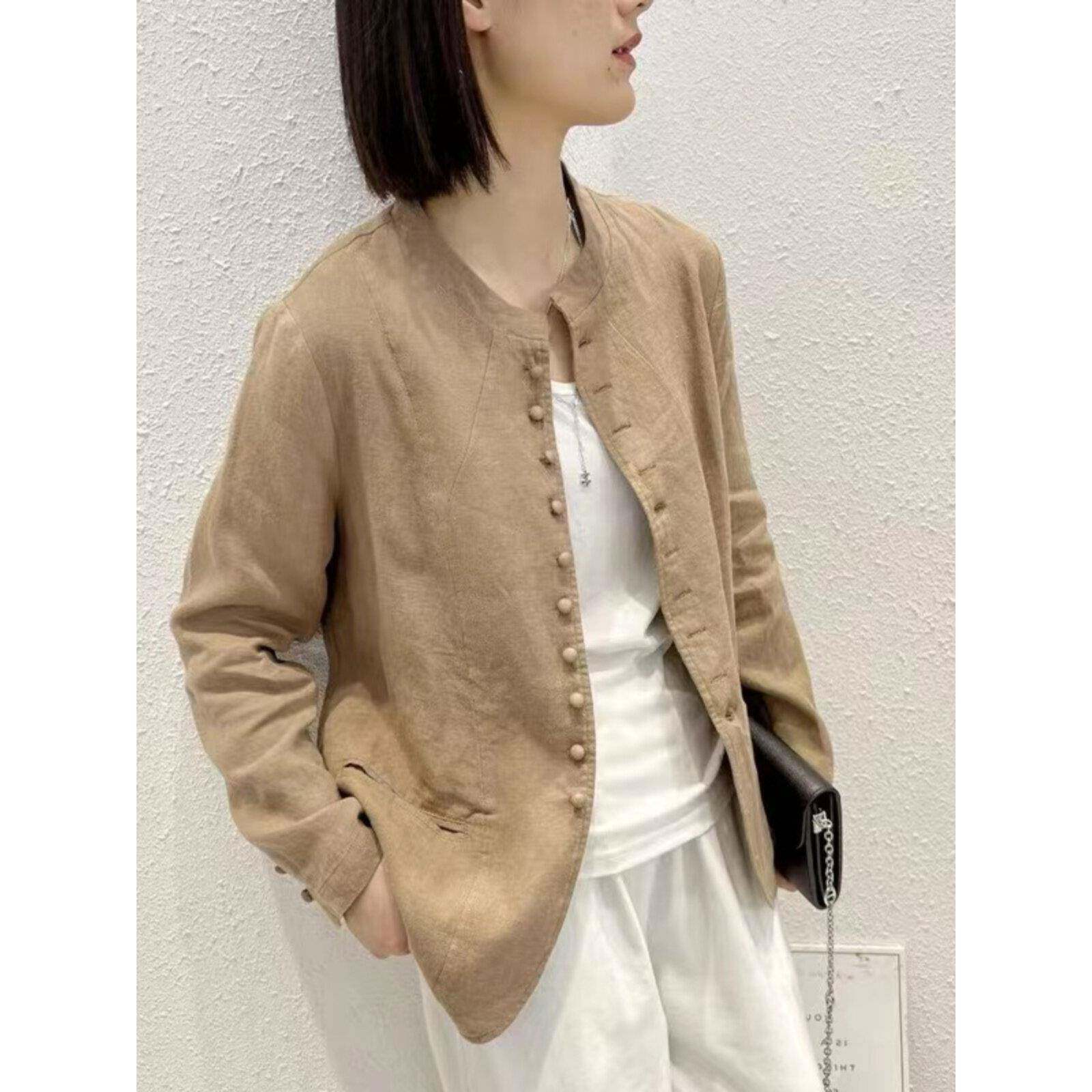 文艺覆古棉麻西装外套女春夏季薄款亚麻上衣中式立领简约小西服