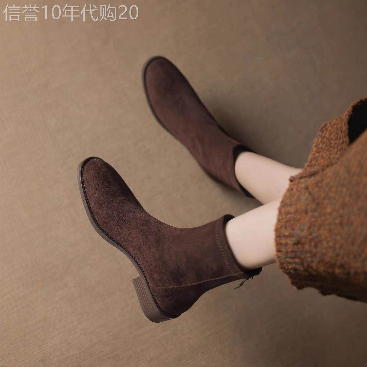 显瘦保暖单靴女2026年秋冬季新款粗跟圆头平底加绒英伦风弹力靴子