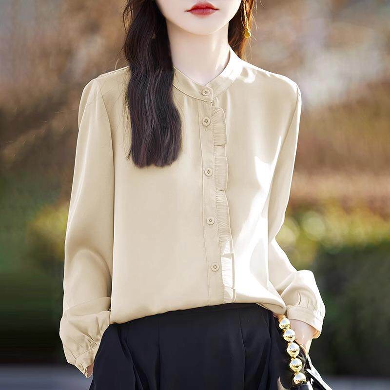 高级感轻奢时尚衬衣女秋长袖百搭洋气减龄打底衫上衣醋酸缎面衬衫