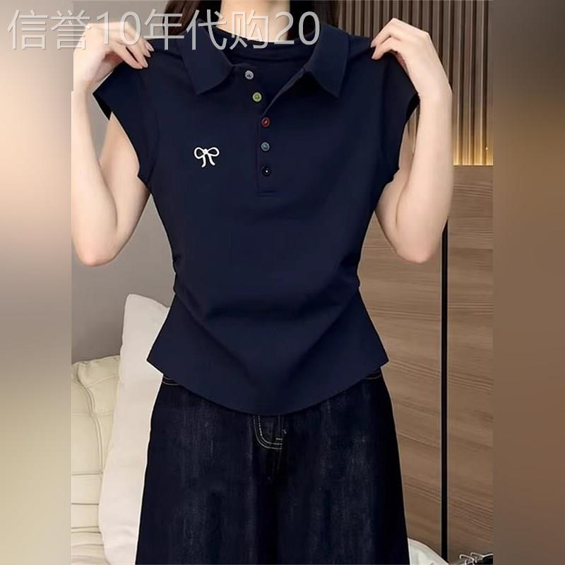 潮牌polo领短袖t恤女时尚新款显瘦蝴蝶结刺绣设计感百搭修身上衣