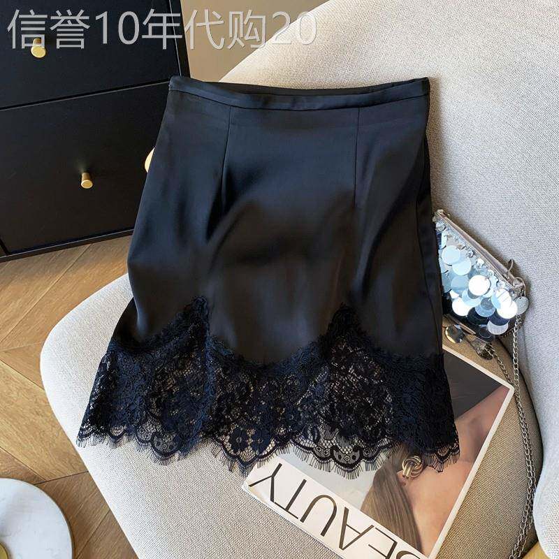 今年流行高级感缎面A型半身裙女夏高腰显瘦丝滑垂感拼接蕾丝短裙