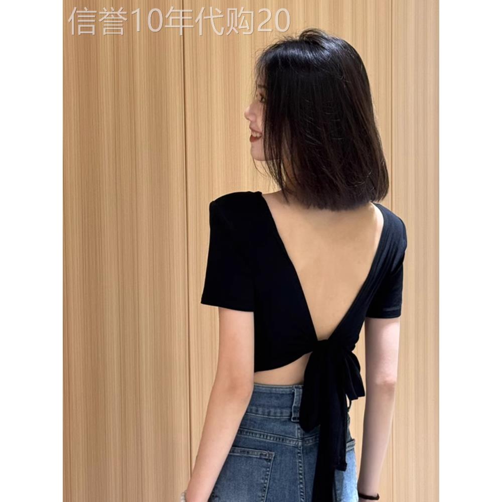 辣妹风后背绑带蝴蝶结短袖t恤女夏季欧洲站紧身高腰短款黑色上衣