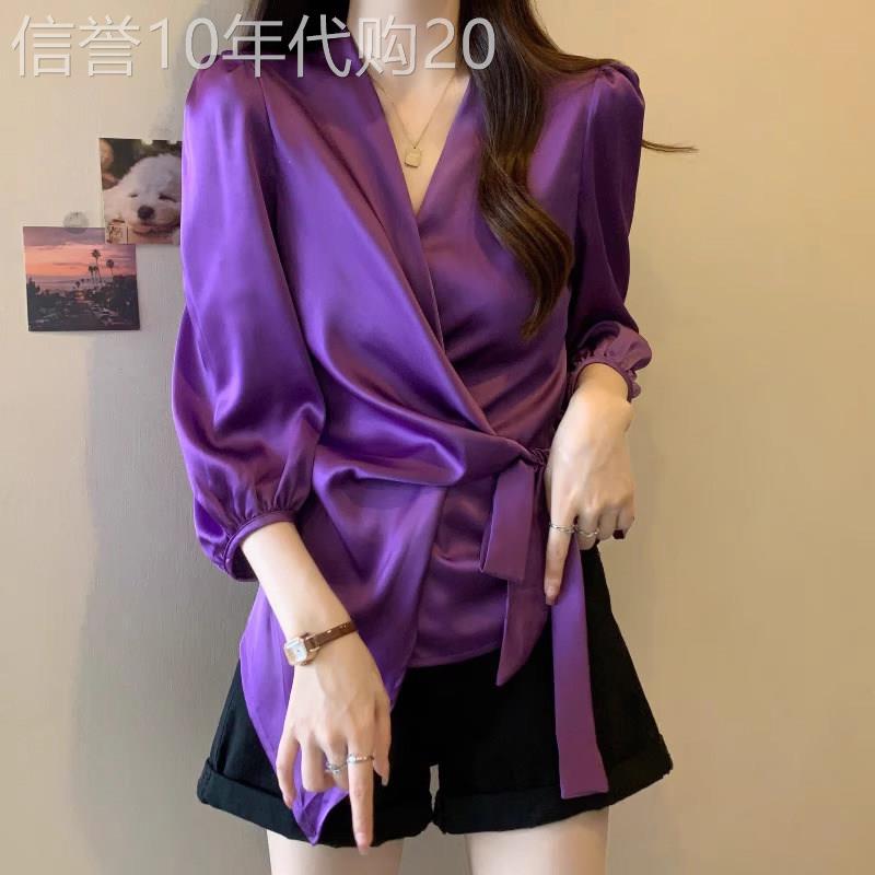 醋酸缎面衬衫女士春秋薄款2025新款大码高级设计感小众七分袖上衣