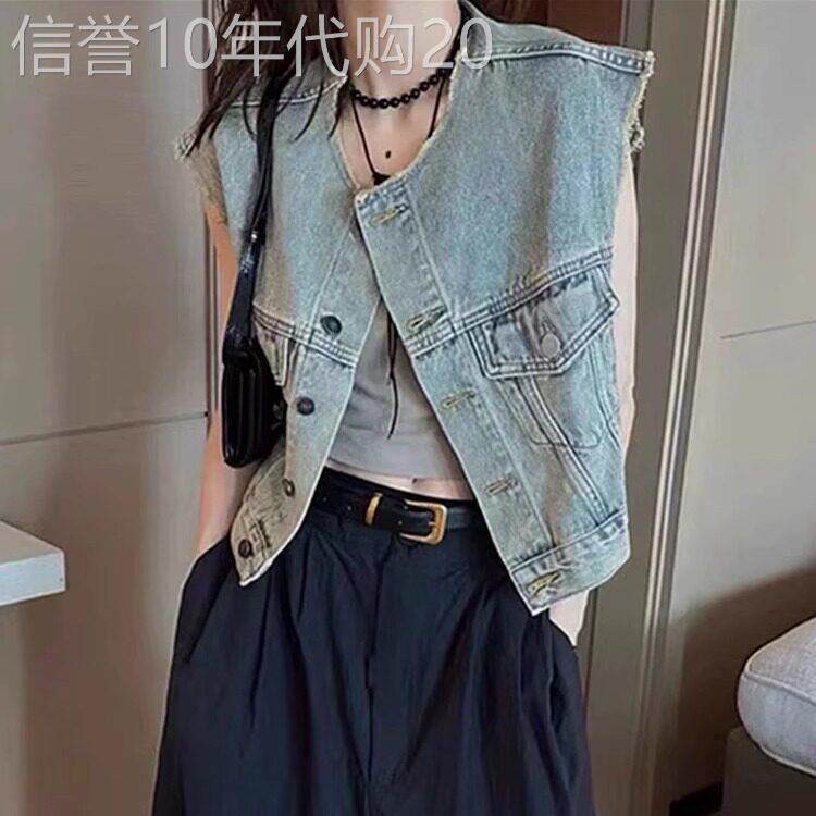 小个子复古牛仔马甲背心外套女春秋欧货欧美短款无袖外搭坎肩马夹