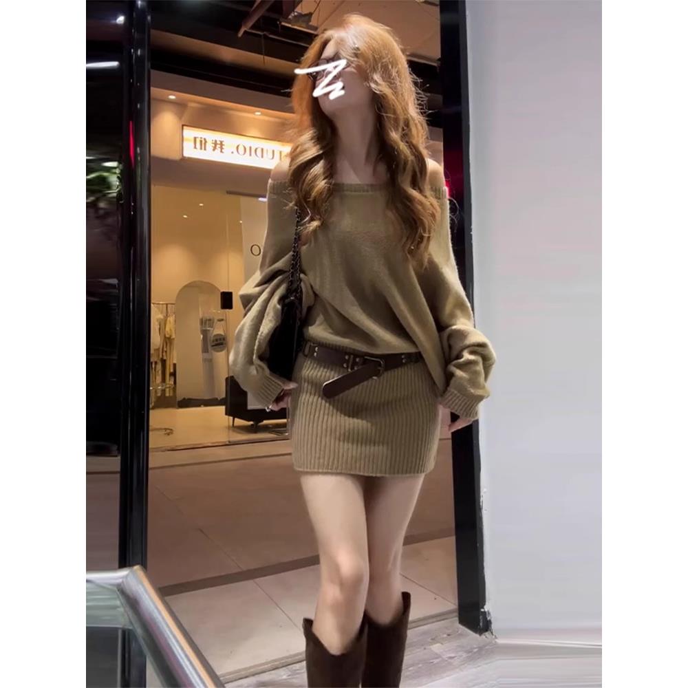 日式高级单肩针织女装春秋季新款修身针织裙性感盖臀短裙