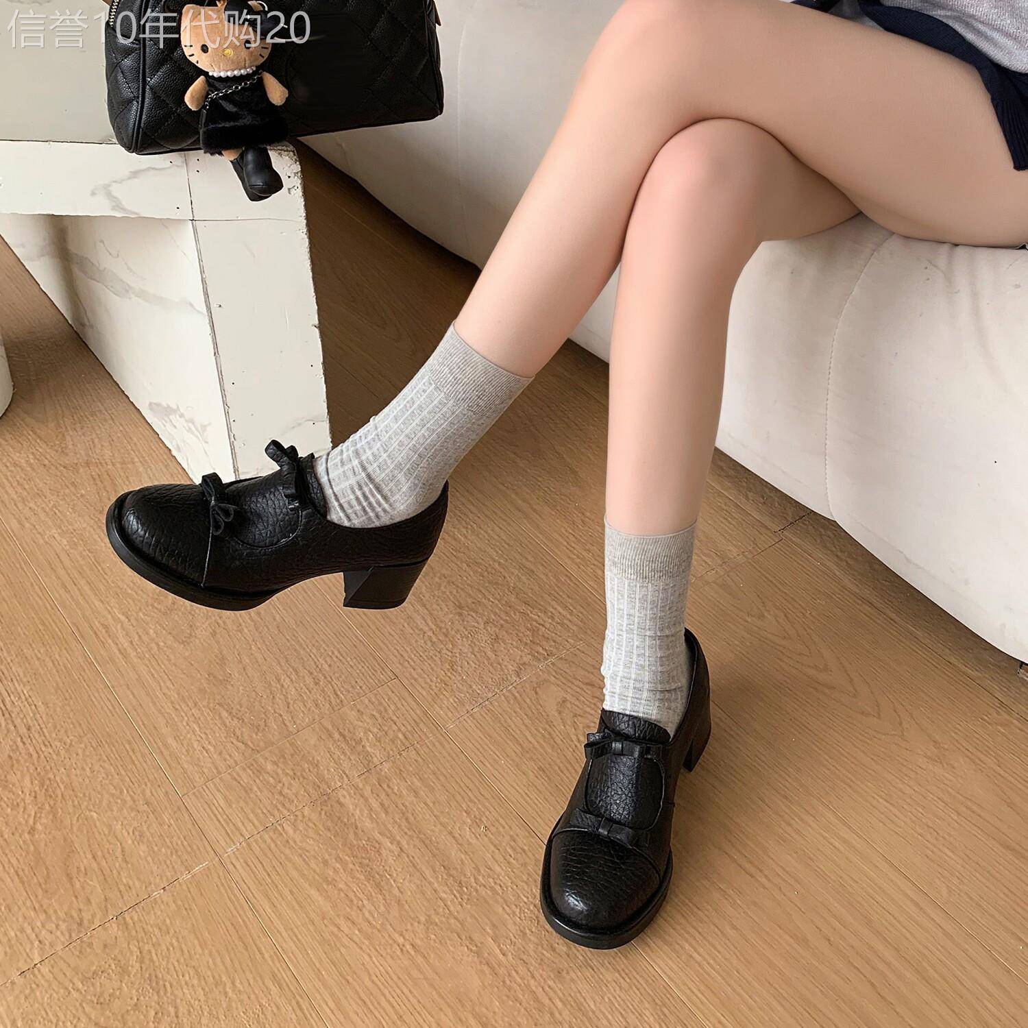 甜酷旋涡~ 复古少女真皮蝴蝶结单鞋女款粗跟高跟小皮鞋配裙子的鞋