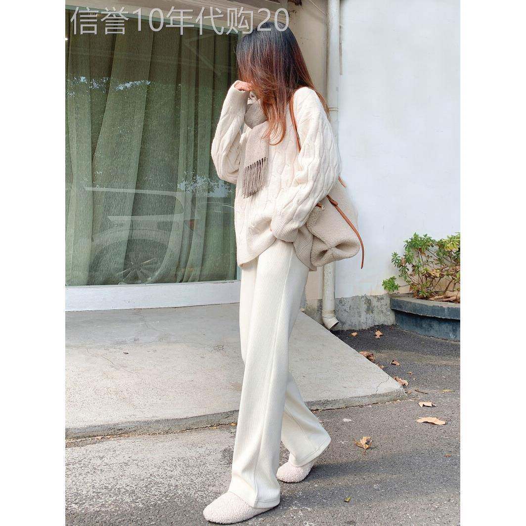 白色阔腿裤女裤春秋2025高腰垂感针织拖地裤宽松显瘦休闲直筒裤子
