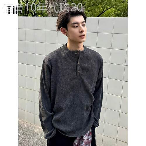 长袖t恤男春秋季美式复古正肩亨利领打底衫男士潮流百搭休闲上衣