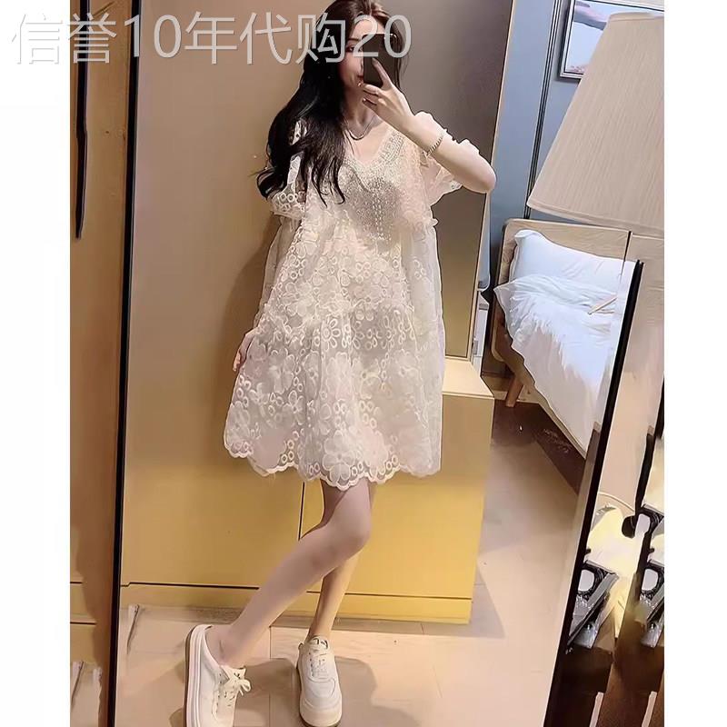 重工钉珠刺绣蕾丝V领泡泡短袖连衣裙女夏季新品欧货高级感公主裙