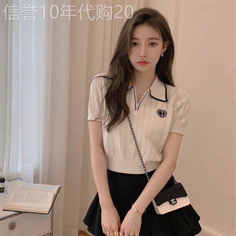 法式温柔风刺绣爱心针织短袖女夏季polo领减龄冰丝收腰拉炼短上衣