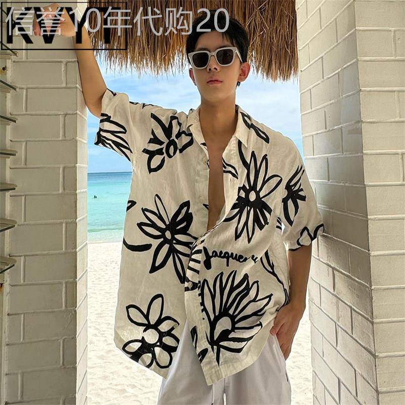 高级感古巴领沙滩花衬衫男2026年夏季新款痞帅男装东南亚五分衬衫