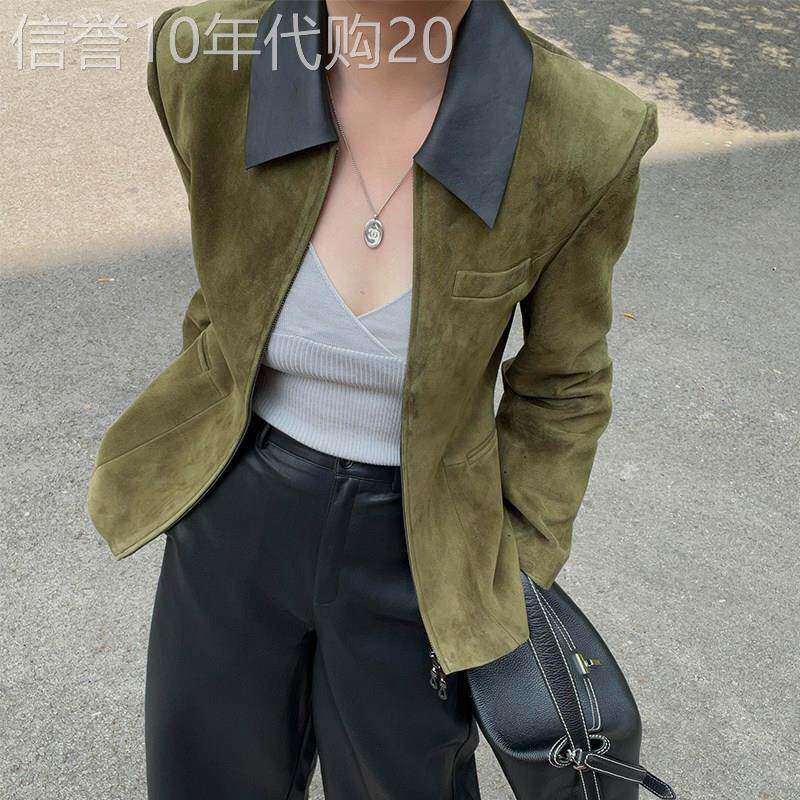 2026大码复古绿色翻领设计外套女装秋季新款修身显瘦百搭气质上衣