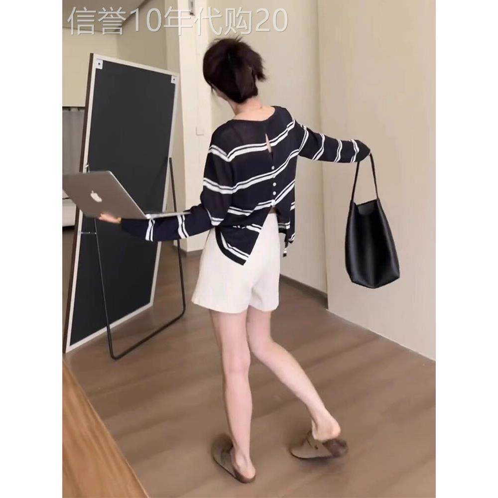 日式风格后切开叉条纹t恤女子夏季薄冰丝绸针织防晒衬衫设计上衣