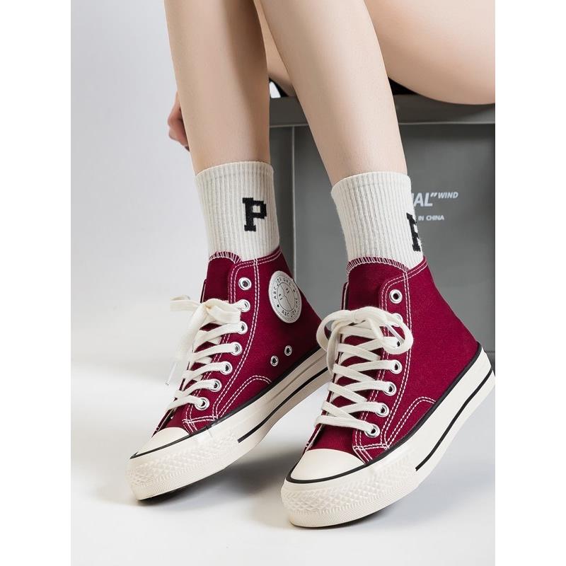 2025春季新款酒红色高帮帆布鞋女百搭学生透气情侣覆古ins板鞋潮