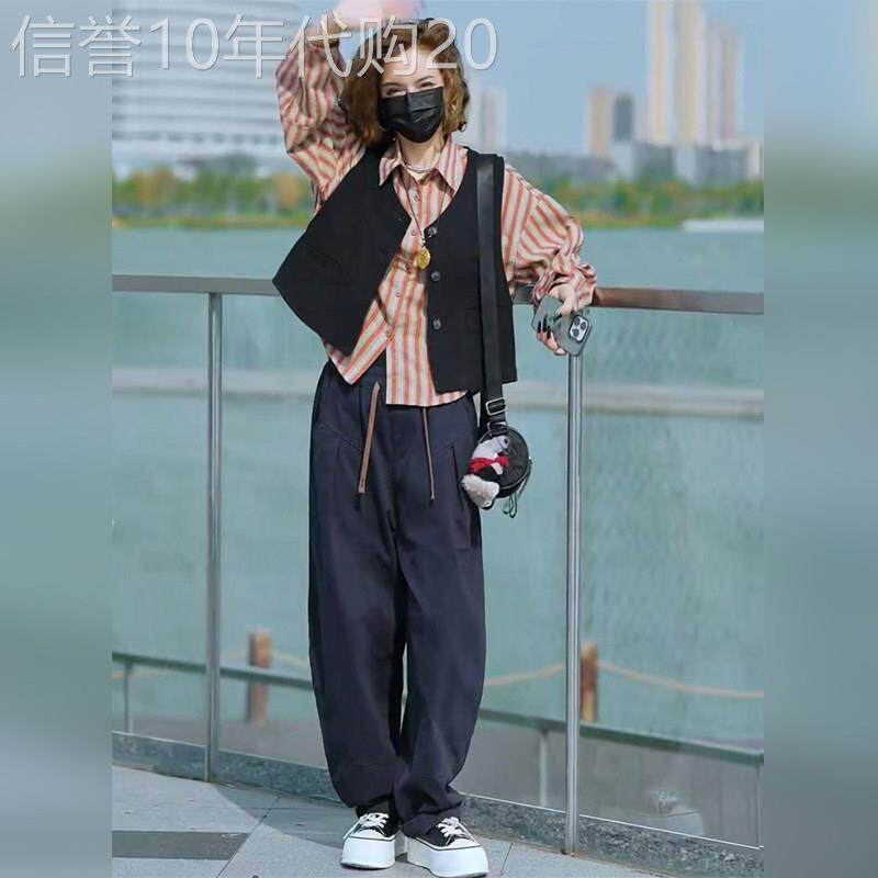潮牌洋气休闲时尚三件套装女秋宽松百搭条纹衬衣+黑色马甲+哈伦裤