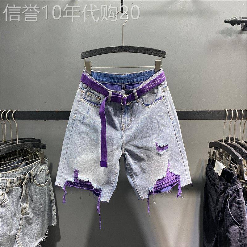 潮牌洋派彩色乞丐破洞牛仔裤女2026年夏季新款高腰显瘦阔腿五分裤