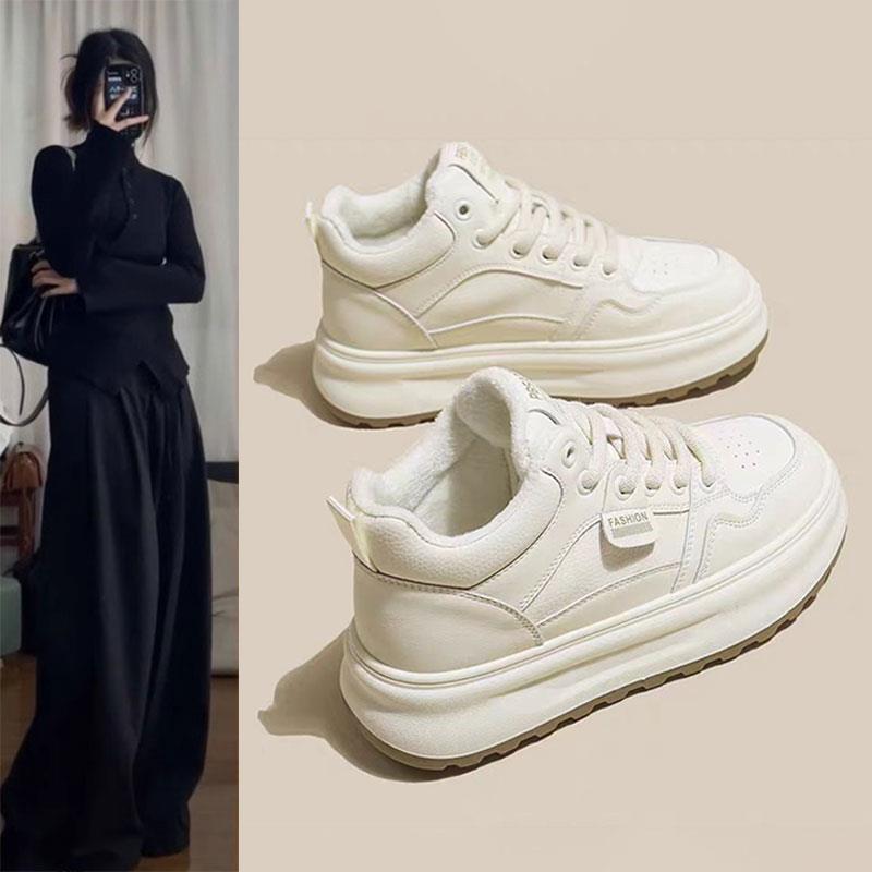 香港真皮高帮小白鞋女2025年冬季新款二棉鞋厚底加绒休闲运动板鞋