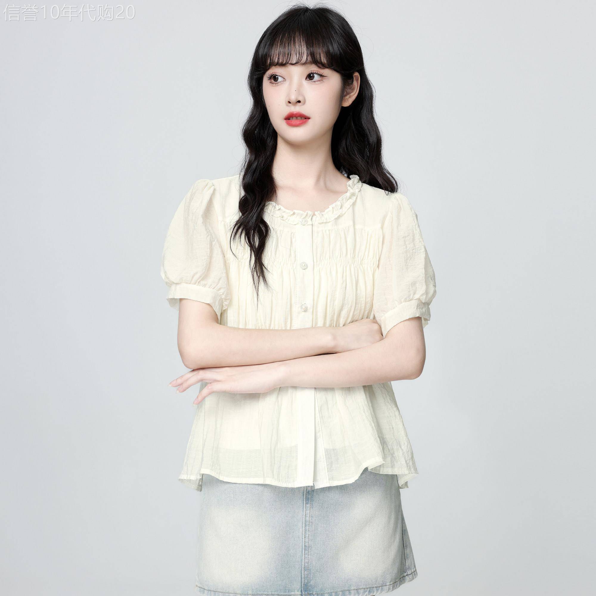 圆领泡泡袖t衬衫女夏季2026新款时尚大尺码拼接宽松短袖衬衫女设