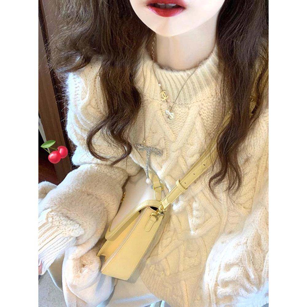 日系奶fufu白色麻花毛衣女秋冬加厚宽松慵懒风软糯针织衫覆古上衣