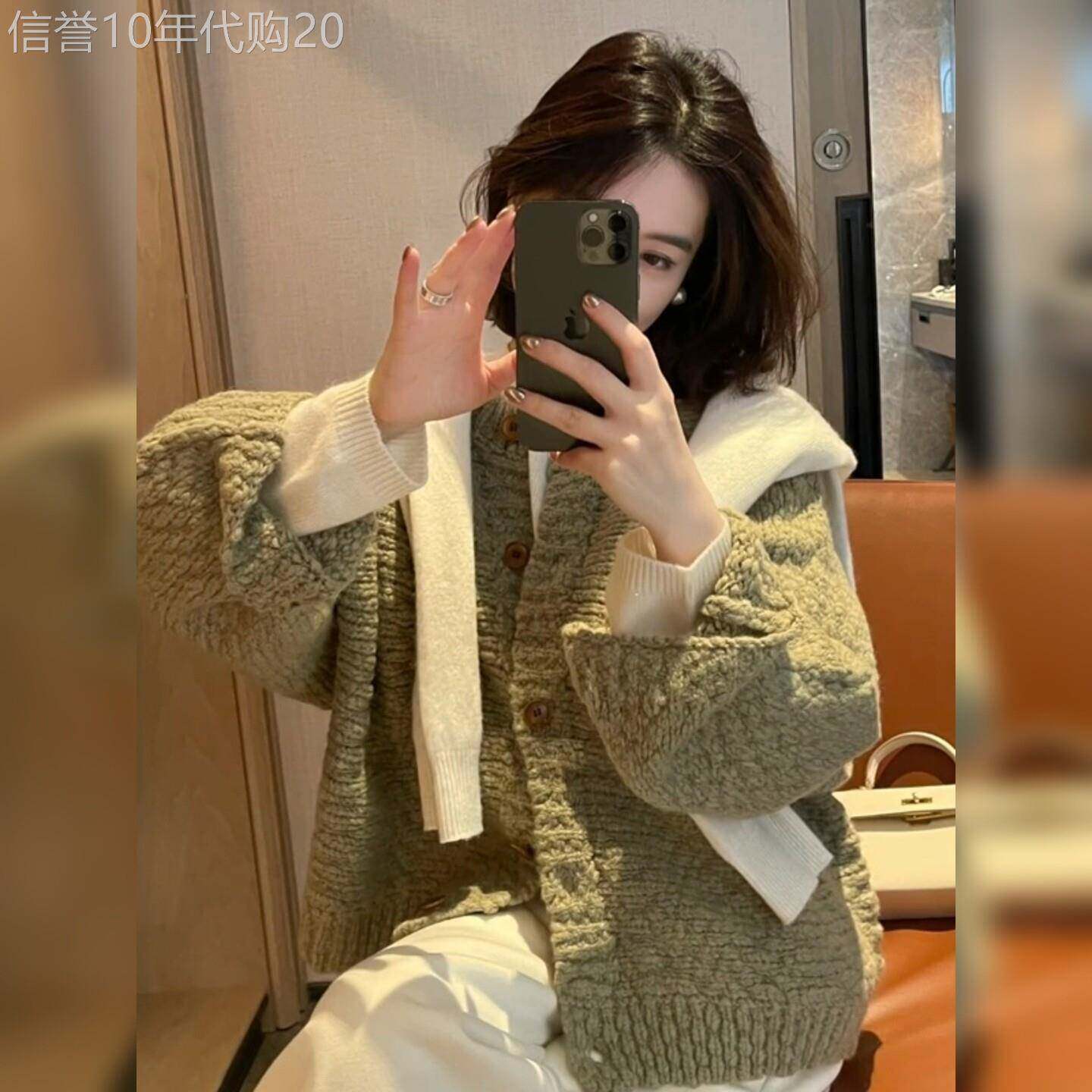 慵懒风绿色圆领长袖针织开衫女秋冬季新款氛围感宽松休闲毛衣外套