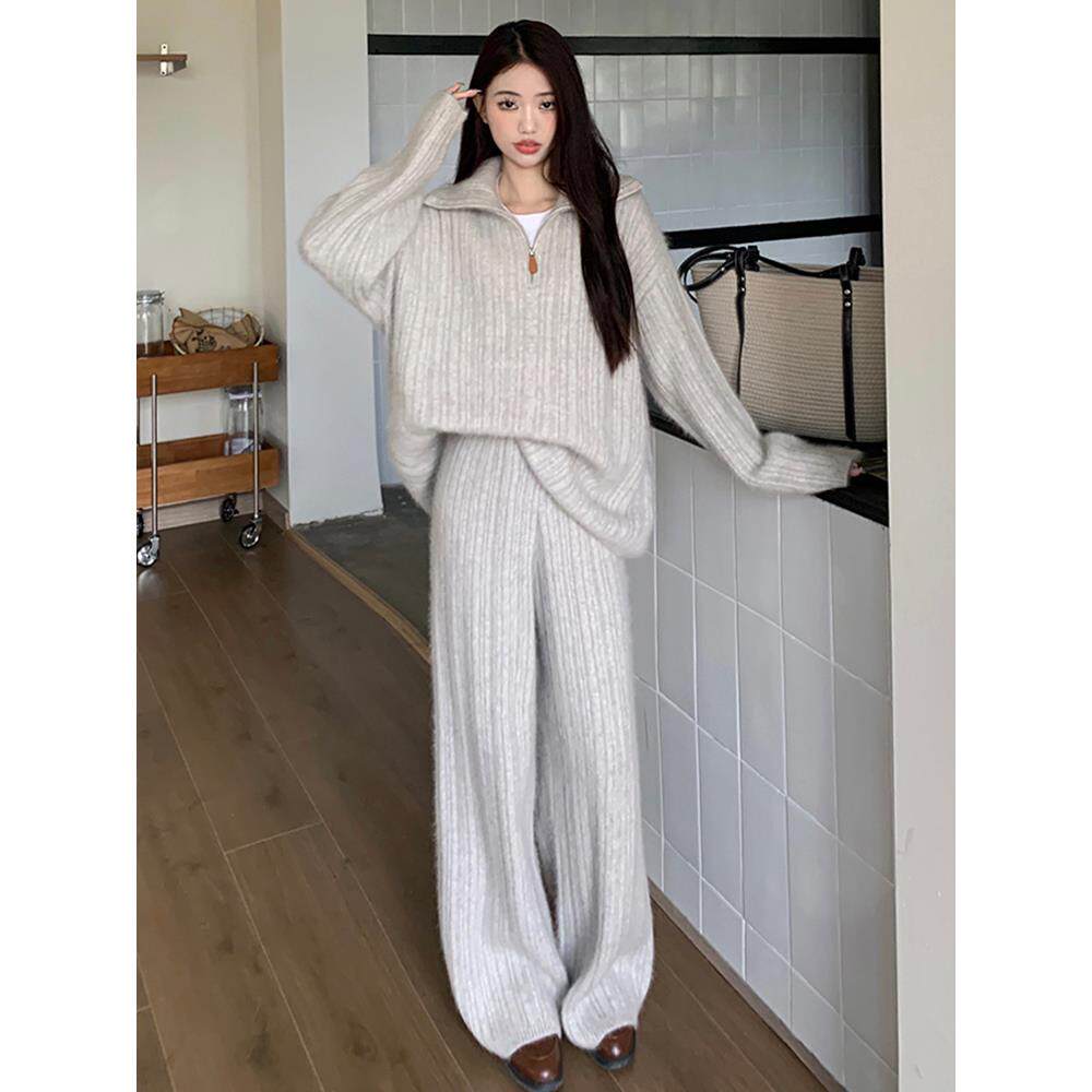 欧洲站慵懒风毛衣套装女冬季加厚立领针织衫阔腿拖地长裤两件套潮
