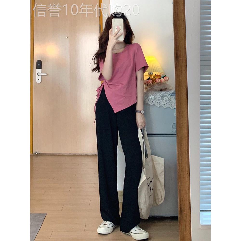 粉色不规则正肩短袖t恤女夏季设计感抽绳开叉短款宽松T恤上衣潮