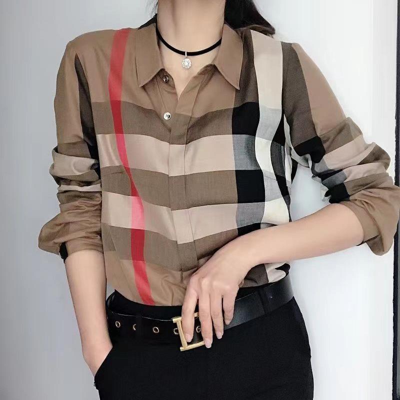 香港秋冬条纹格子衬衫百搭2025新款加绒翻领长袖打底衫上衣女潮