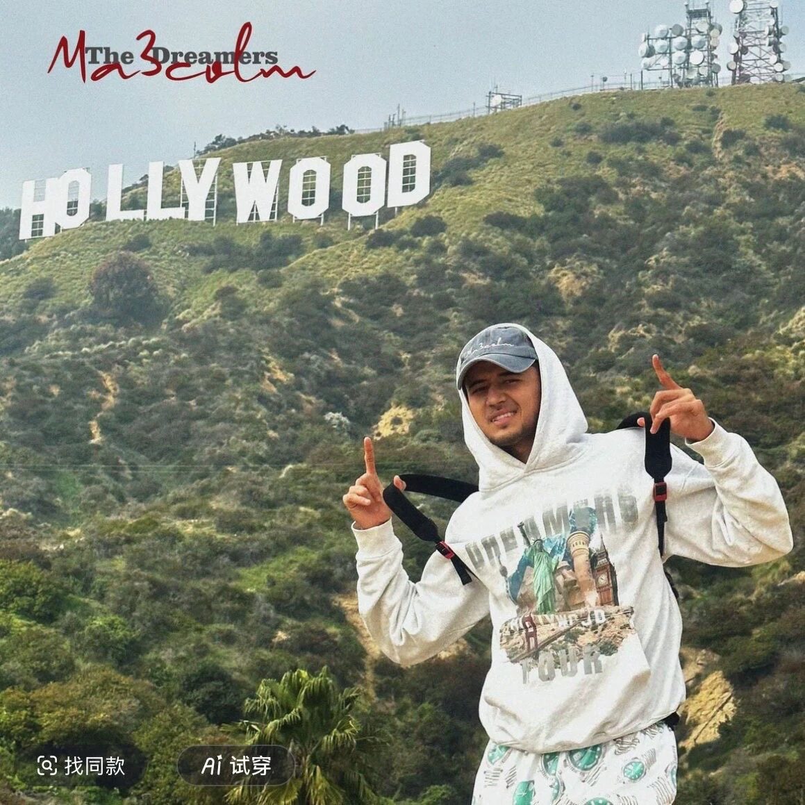 Ma3colm追梦系列世界巡演好莱坞城市元素宽松花灰连帽卫衣卡米然