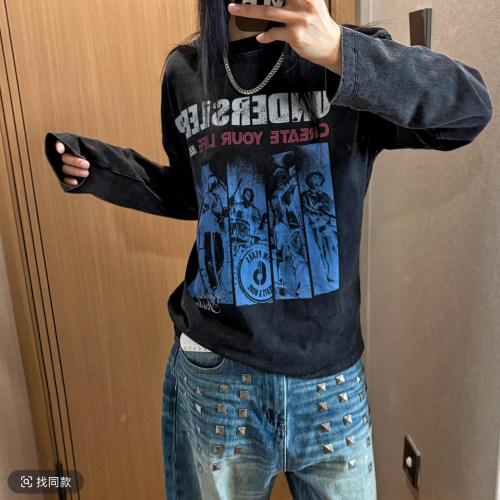 US5自制「摇滚乐队」美式做旧印花纯棉长袖男女宽松圆领打底上衣
