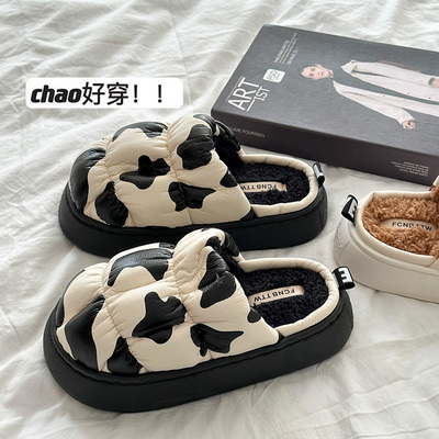 厚底奶牛棉拖鞋女2025春夏新款ins皮面防水居家包头保暖毛毛拖鞋