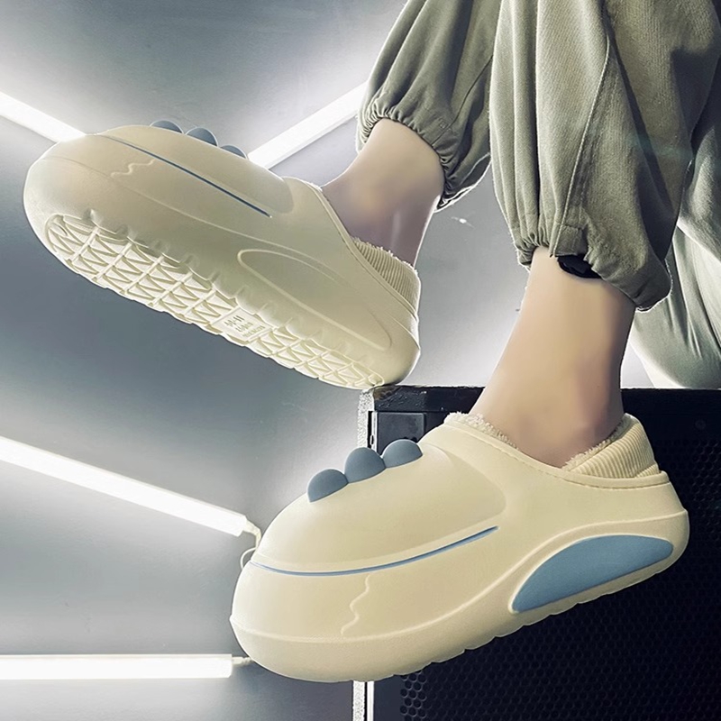 恐龙棉拖鞋男秋冬季外穿厚底增高踩屎感加绒保暖拖鞋男士包跟棉鞋