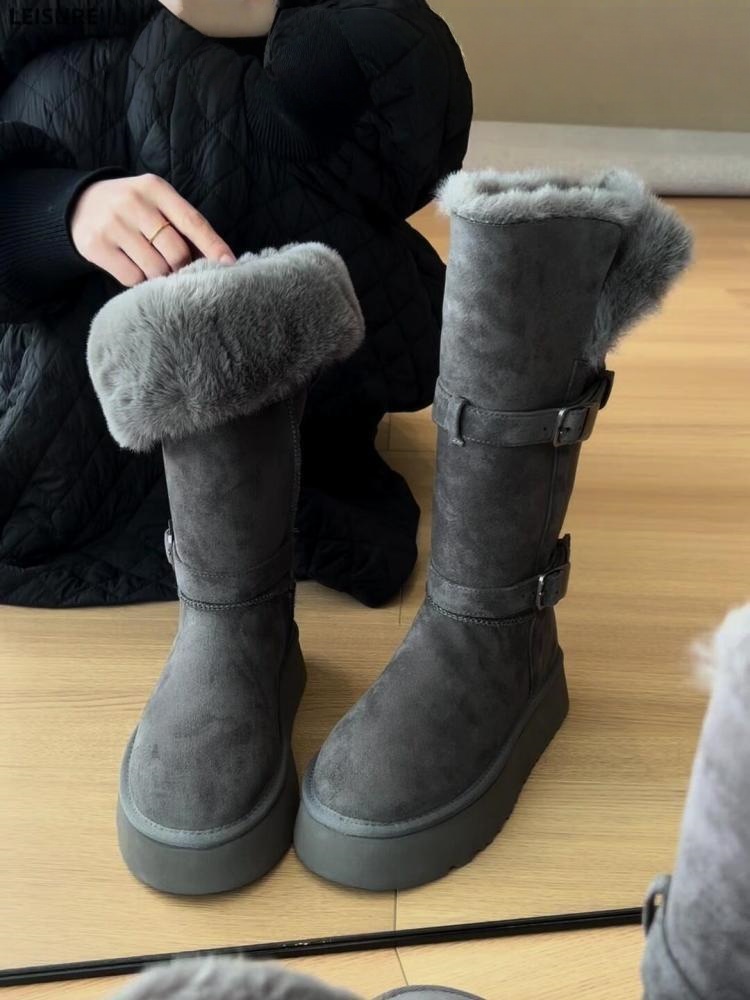 厚底灰色长筒雪地靴女2025冬季新款增高加绒加厚高筒东北大棉鞋子
