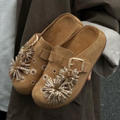 春夏一脚蹬凉拖鞋 女外穿2026新款 包头半拖鞋 厚底水钻烟花朵勃肯鞋