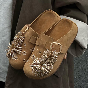 春夏一脚蹬0315r 女外穿2026新款 厚底水钻烟花朵勃肯鞋 包头半拖鞋