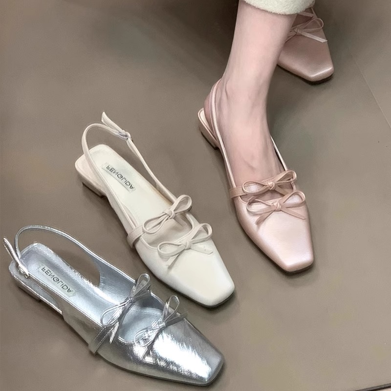 品牌法式包头银色凉鞋女2025新款夏季晚晚风玛丽珍蝴蝶结单鞋子小
