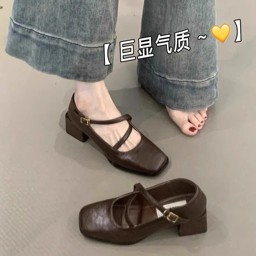 夏季法式棕色高跟鞋浅口粗跟单鞋女2026季配裙子乐福鞋玛丽0615z