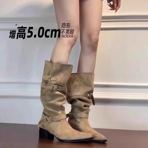 秋冬女鞋粗跟高跟尖头长筒靴女2026新款西部牛仔堆堆长靴子1009k