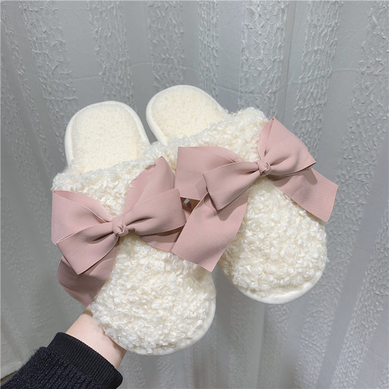 ins少女心蝴蝶结防滑毛毛棉拖鞋