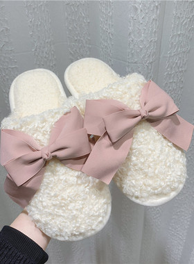 棉拖鞋女韩版ins时尚居家用可爱少女心蝴蝶结防滑保暖毛毛拖鞋冬