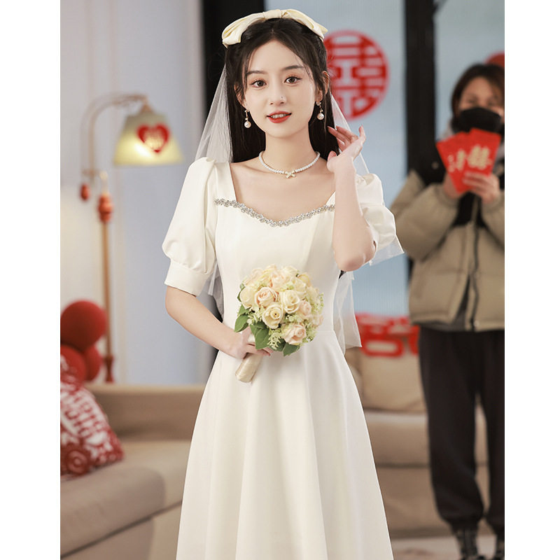 白色晚礼服小个子结婚礼服领证登记小白裙生日聚会订婚连衣裙白色图片