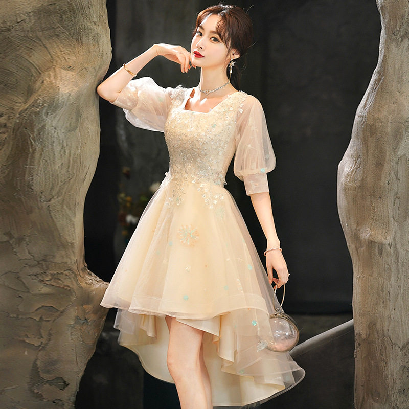 香槟色晚礼服2025新款气质伴娘轻奢感主持订婚前短后长礼服连衣裙