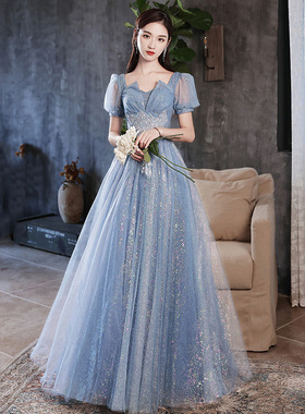 宴会晚礼服女2025冬季新款蓝色气质设计感连衣裙声乐艺考年会礼服