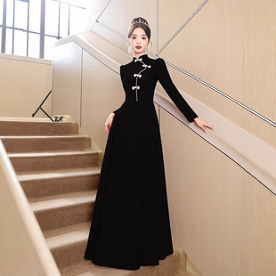 黑色新中式晚礼服2026新款气质长款长袖主持人轻奢小众年会晚礼服