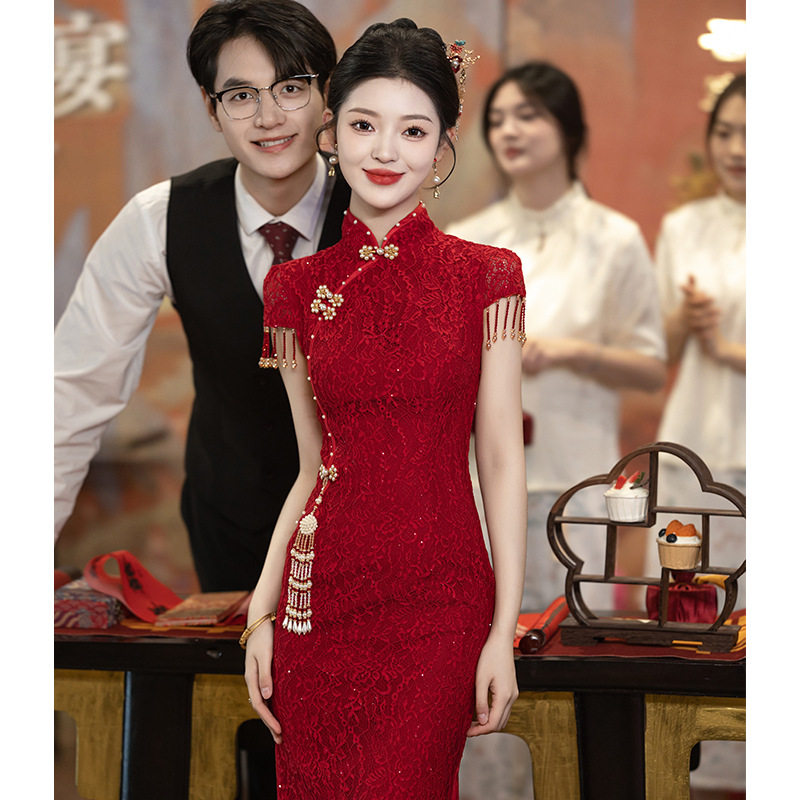 红色敬酒服新娘旗袍小个子订婚礼服连衣裙中式结婚蕾丝女回门春季